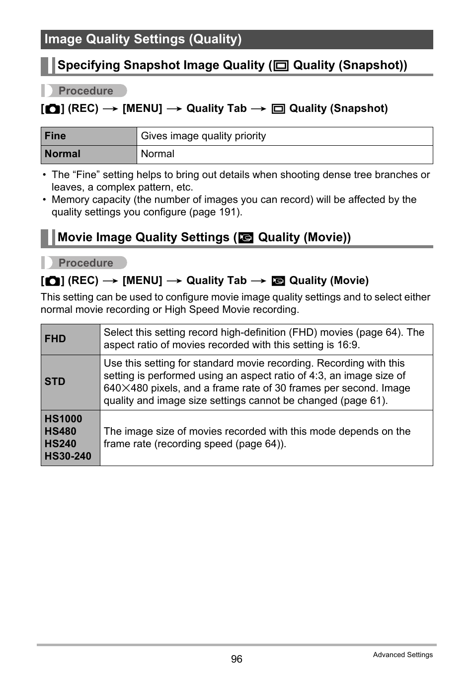 Image quality settings (quality), Movie image quality settings (_ quality (movie)), Movie image quality settings ( » quality (movie)) | Casio EXILIM EX-ZR100 User Manual | Page 96 / 205