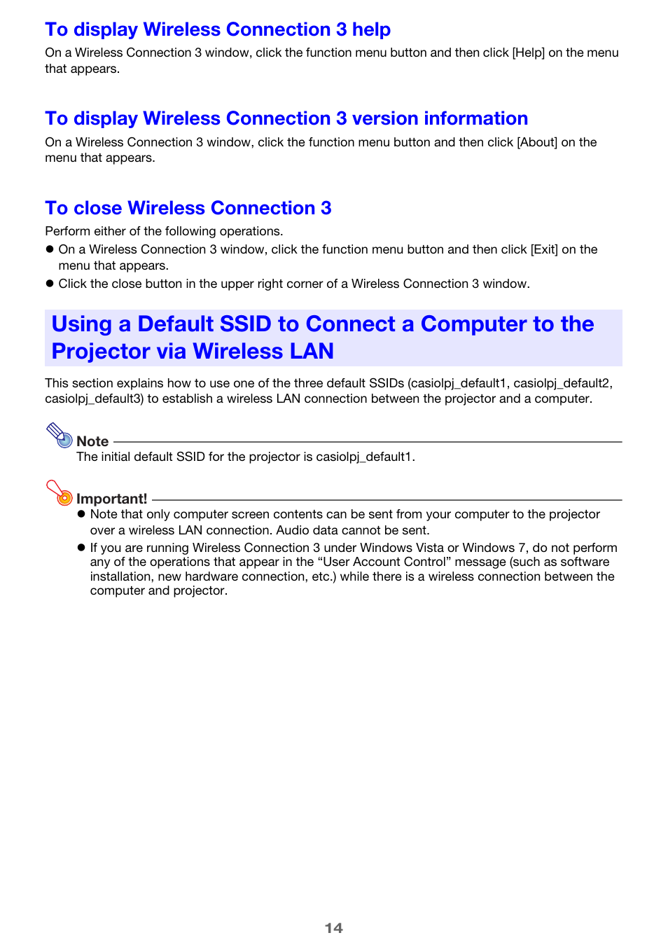 To display wireless connection 3 help, To close wireless connection 3 | Casio XJ-A246 User Manual | Page 14 / 47