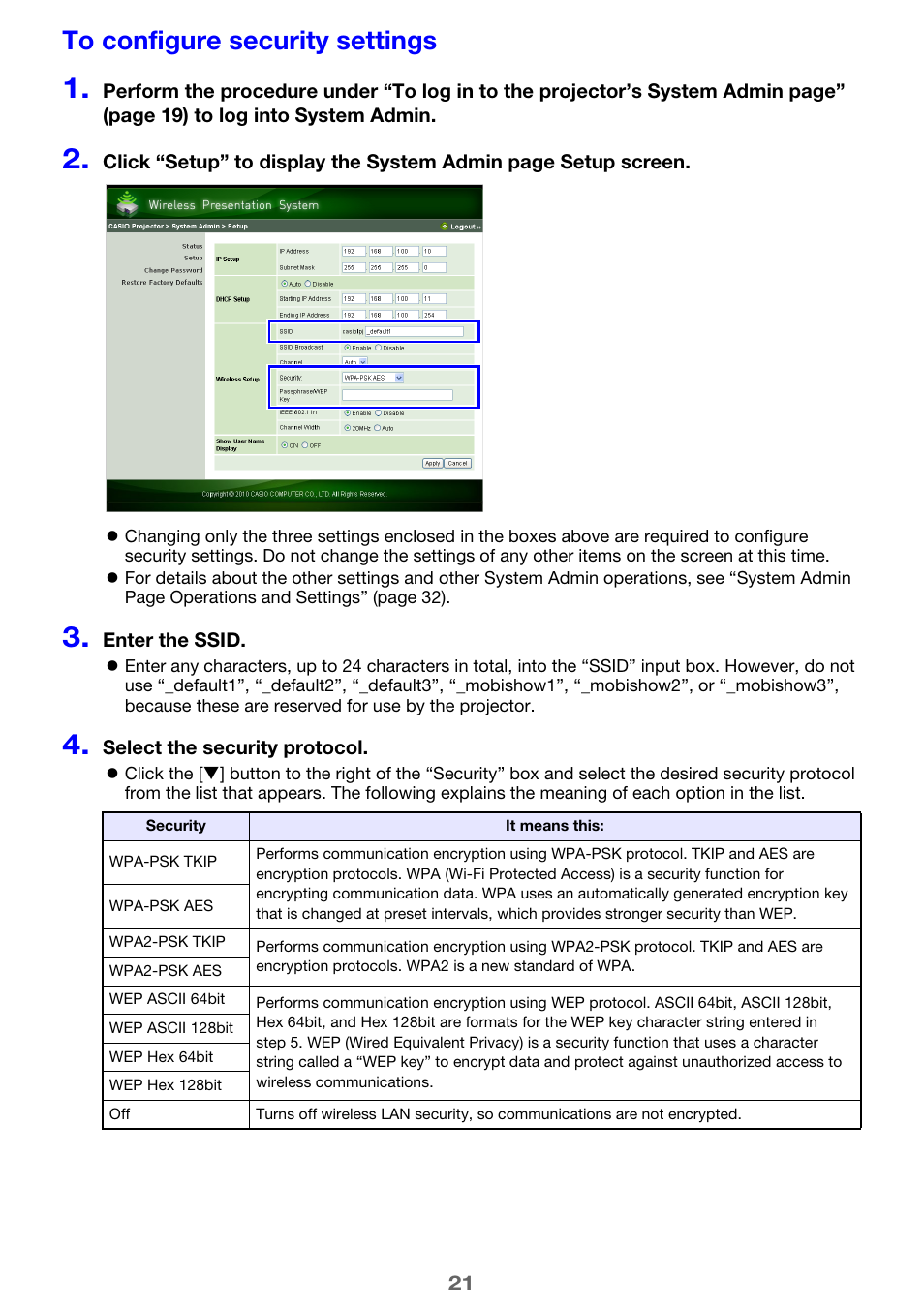 To configure security settings | Casio XJ-A246 User Manual | Page 21 / 47