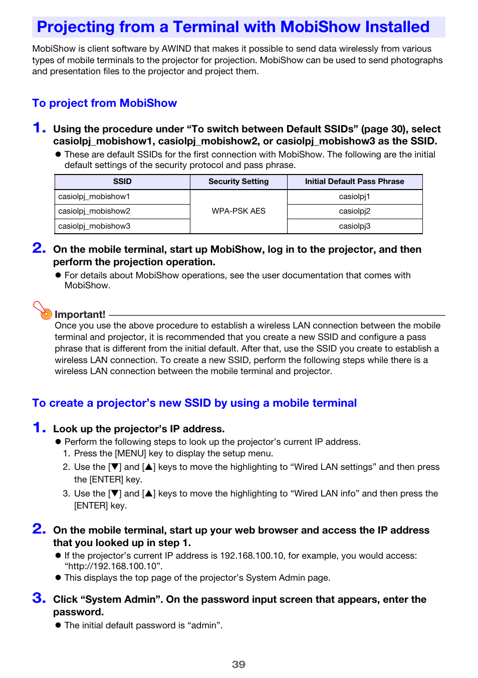 Projecting from a terminal with mobishow installed, E “projecting from a terminal with mobishow, Installed | E 39) | Casio XJ-A246 User Manual | Page 39 / 47