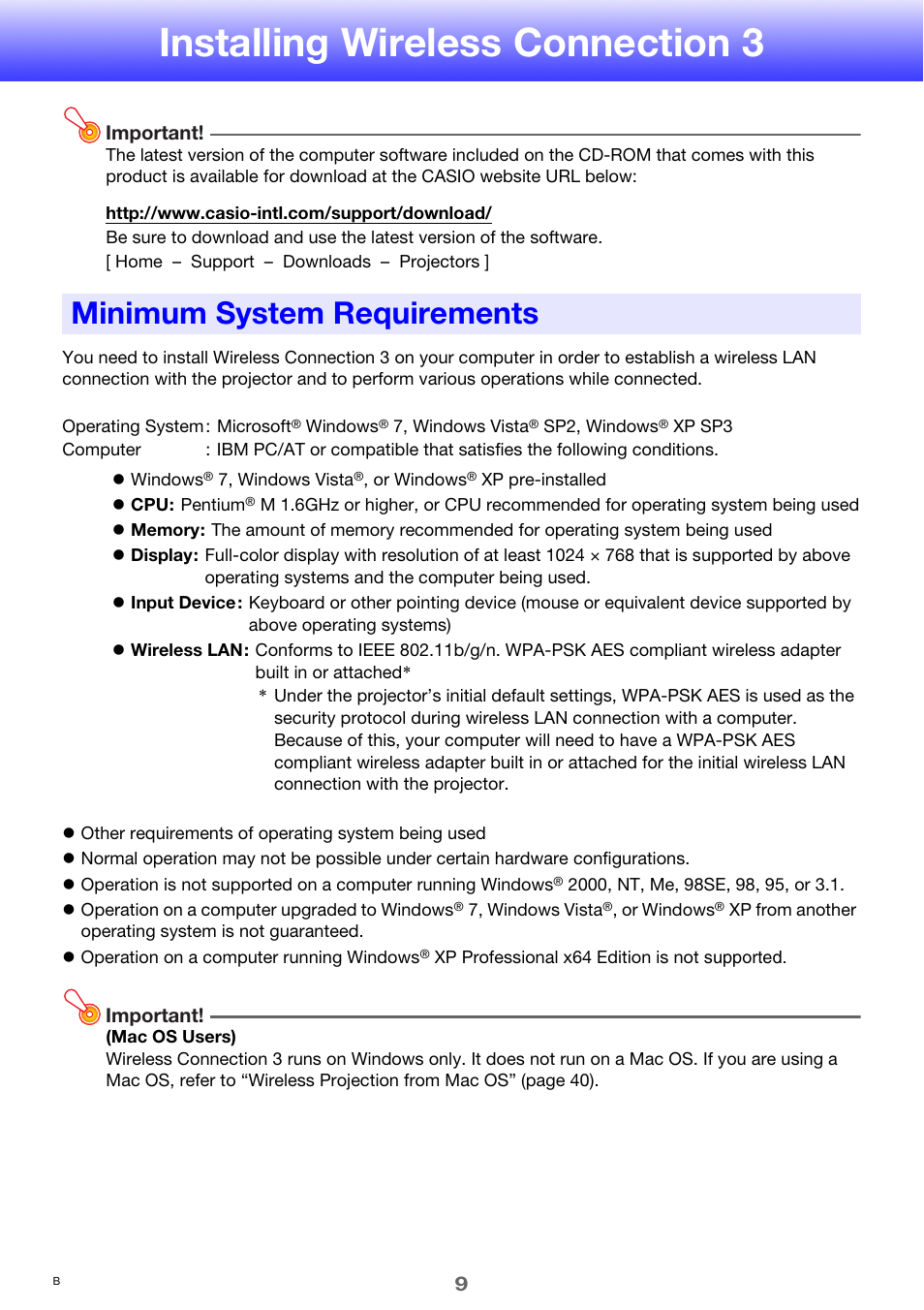 Installing wireless connection 3, Minimum system requirements | Casio XJ-A246 User Manual | Page 9 / 47