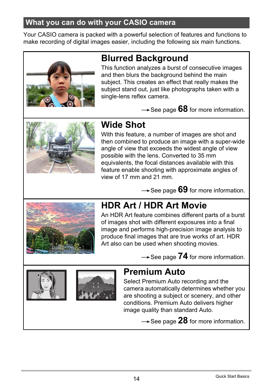 What you can do with your casio camera, Blurred background, Wide shot | Hdr art / hdr art movie, Premium auto | Casio EXILIM EX-ZR15 User Manual | Page 14 / 195