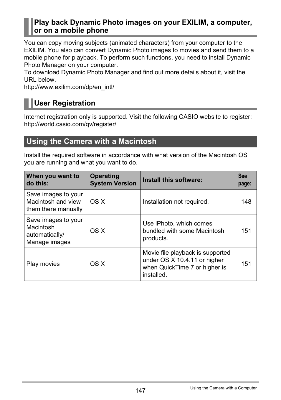 User registration, Using the camera with a macintosh, E 147) | Casio EXILIM EX-ZR15 User Manual | Page 147 / 195