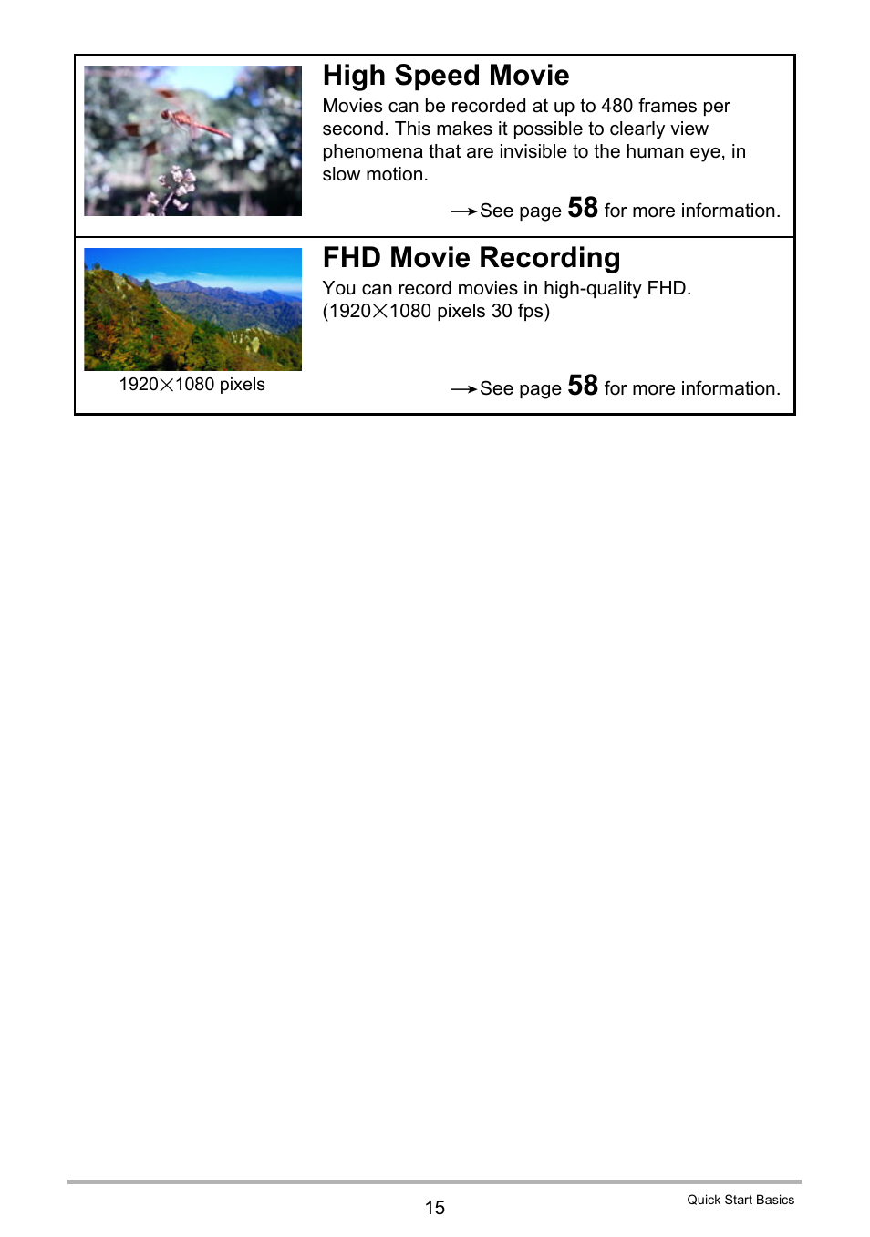 High speed movie, Fhd movie recording | Casio EXILIM EX-ZR15 User Manual | Page 15 / 195