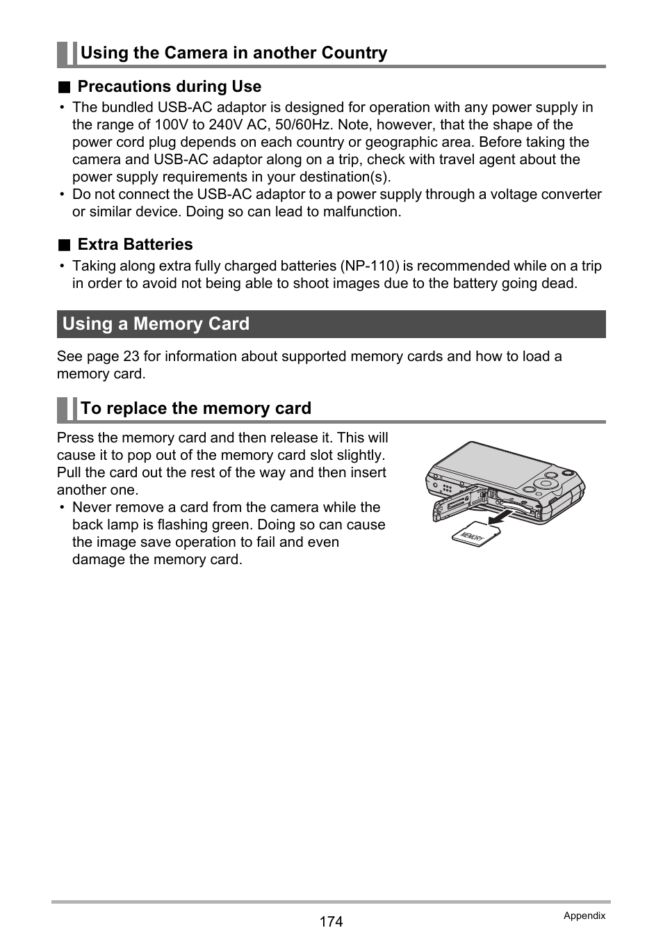 Using the camera in another country, Using a memory card, To replace the memory card | Casio EXILIM EX-ZR15 User Manual | Page 174 / 195