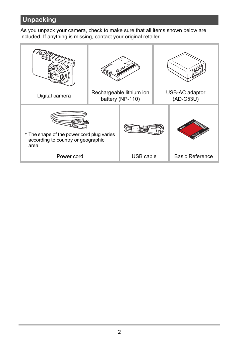 Unpacking | Casio EXILIM EX-ZR15 User Manual | Page 2 / 195