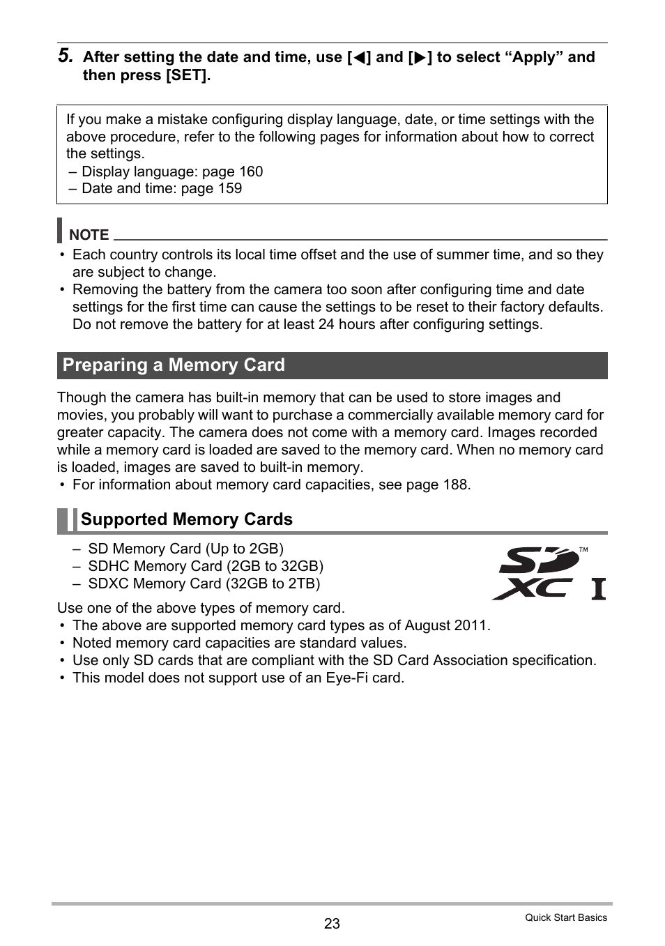Preparing a memory card, Supported memory cards | Casio EXILIM EX-ZR15 User Manual | Page 23 / 195