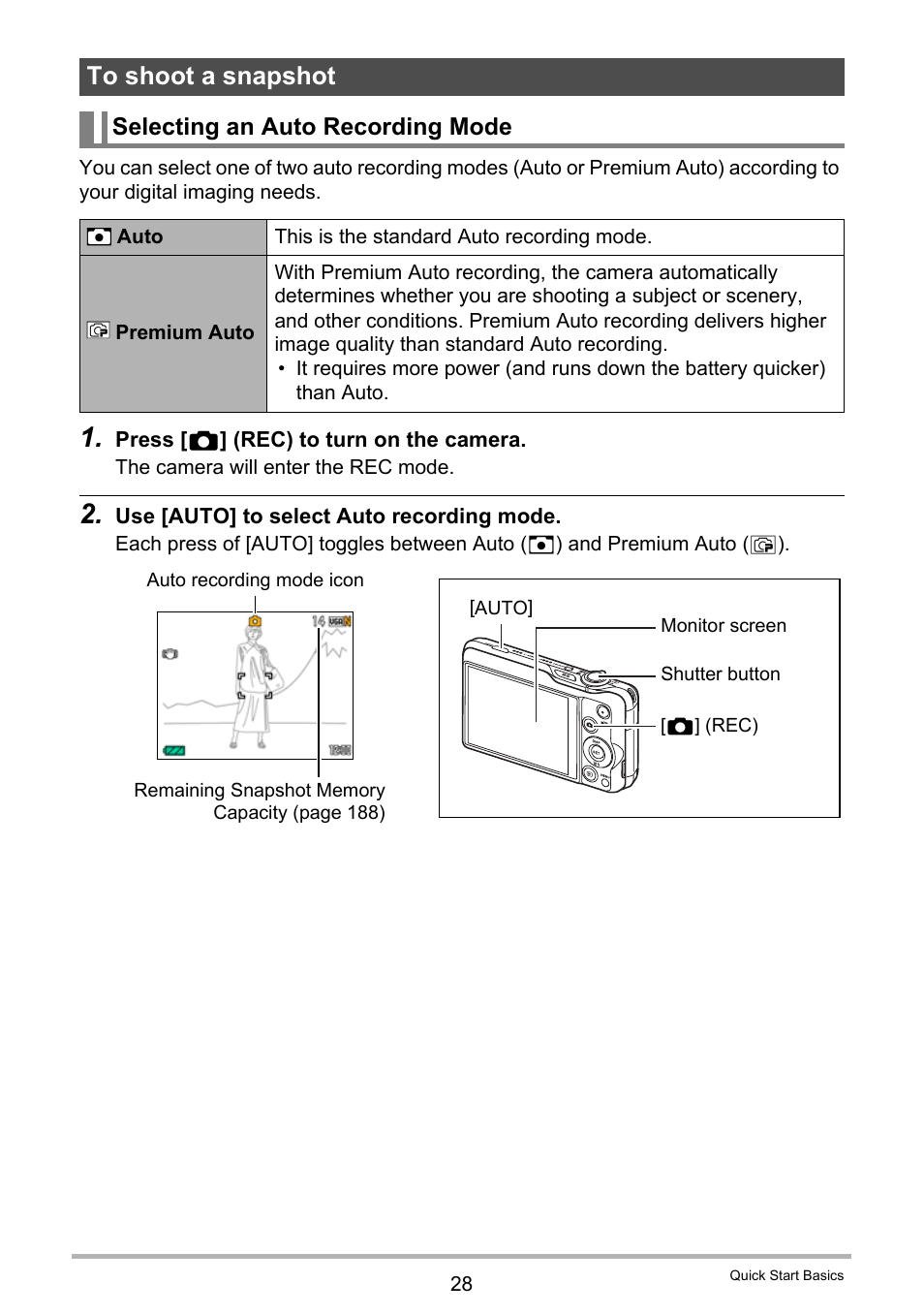 To shoot a snapshot, Selecting an auto recording mode, E 28 | Casio EXILIM EX-ZR15 User Manual | Page 28 / 195