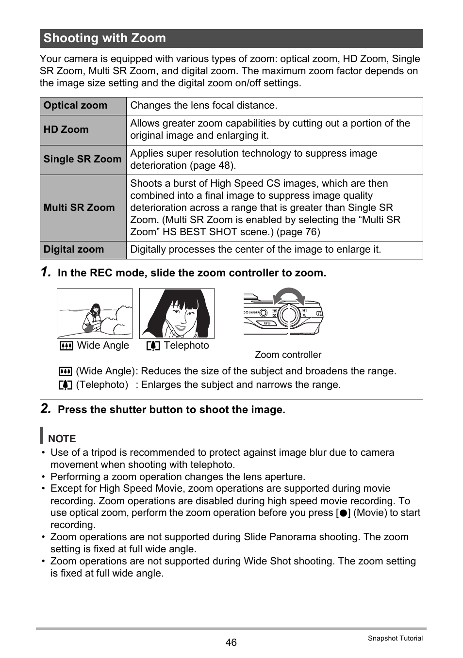 Shooting with zoom | Casio EXILIM EX-ZR15 User Manual | Page 46 / 195