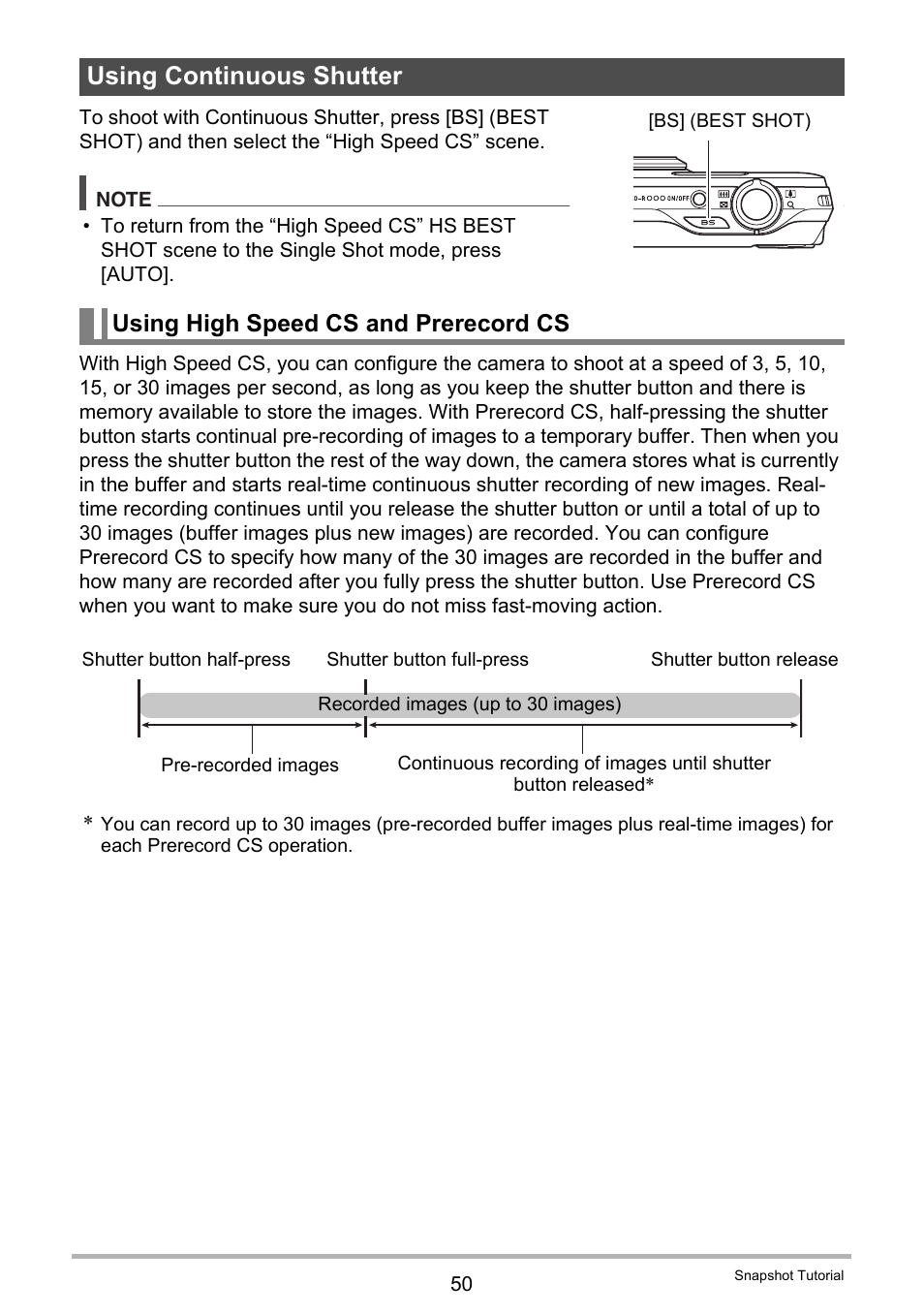 Using continuous shutter, Using high speed cs and prerecord cs | Casio EXILIM EX-ZR15 User Manual | Page 50 / 195
