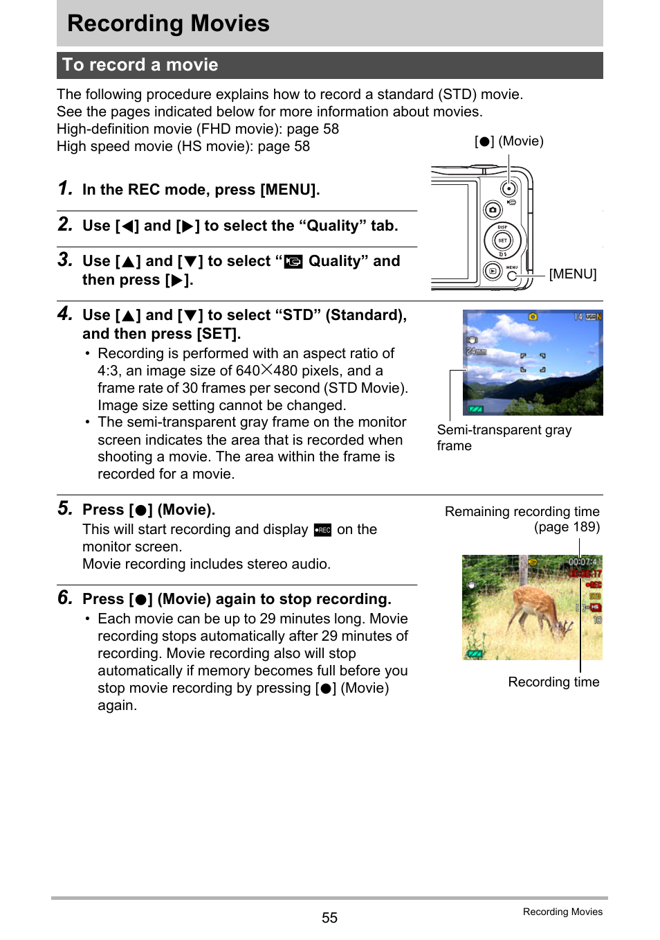 Recording movies, To record a movie | Casio EXILIM EX-ZR15 User Manual | Page 55 / 195