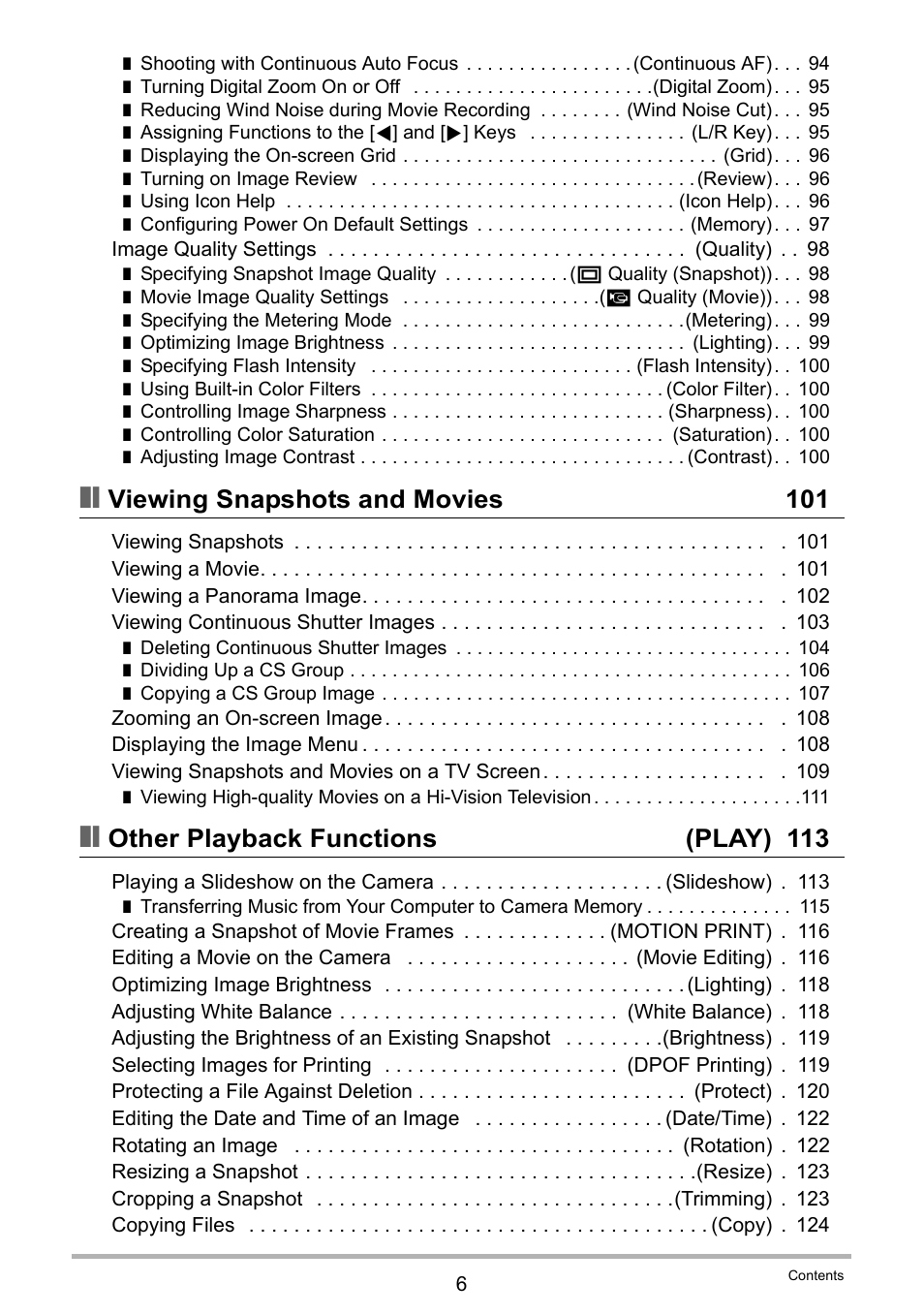 Viewing snapshots and movies 101, Other playback functions (play) 113 | Casio EXILIM EX-ZR15 User Manual | Page 6 / 195