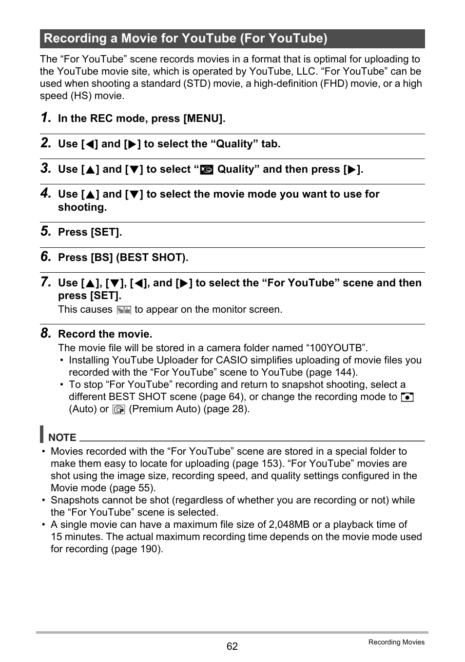 Recording a movie for youtube (for youtube) | Casio EXILIM EX-ZR15 User Manual | Page 62 / 195