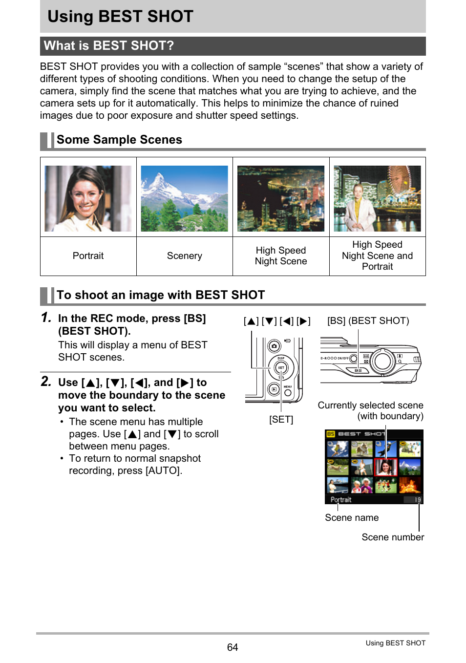Using best shot, What is best shot, Some sample scenes | To shoot an image with best shot, Ge 64), o | Casio EXILIM EX-ZR15 User Manual | Page 64 / 195
