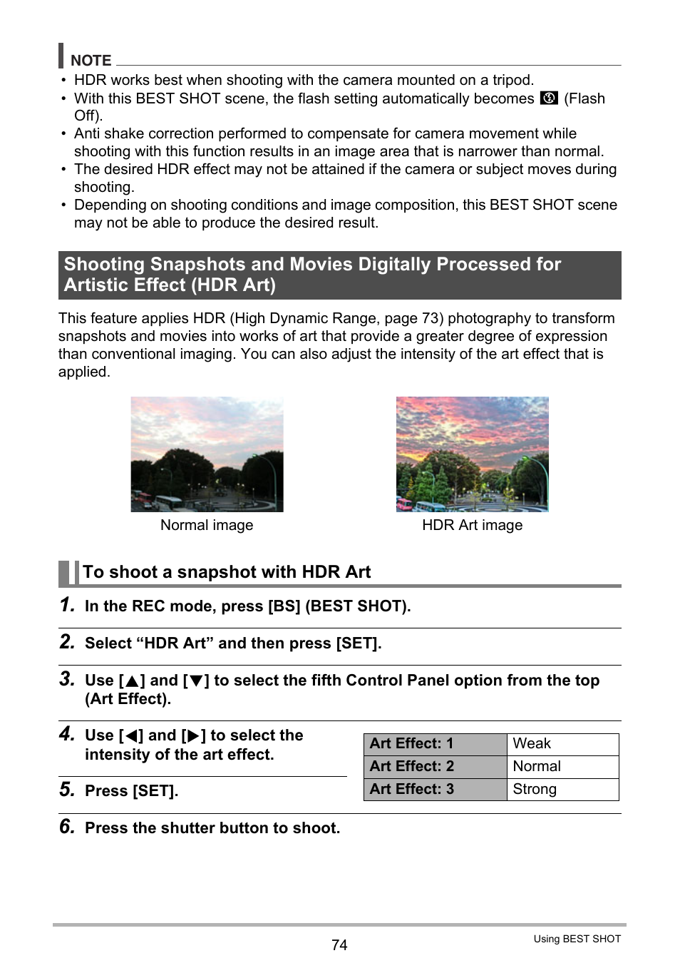 To shoot a snapshot with hdr art | Casio EXILIM EX-ZR15 User Manual | Page 74 / 195