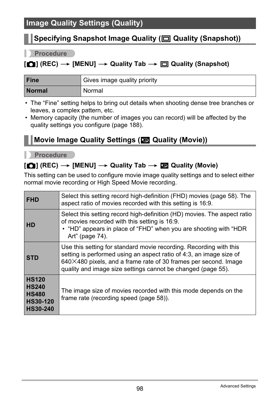 Image quality settings (quality), Movie image quality settings (_ quality (movie)), Movie image quality settings ( » quality (movie)) | Casio EXILIM EX-ZR15 User Manual | Page 98 / 195