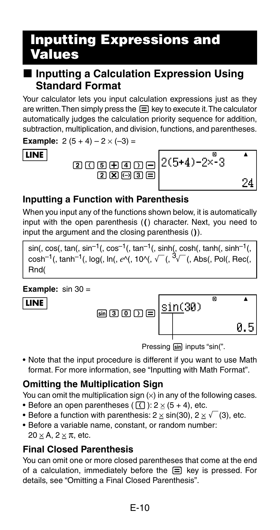Inputting expressions and values | Casio fx-115ES User Manual | Page 12 / 54