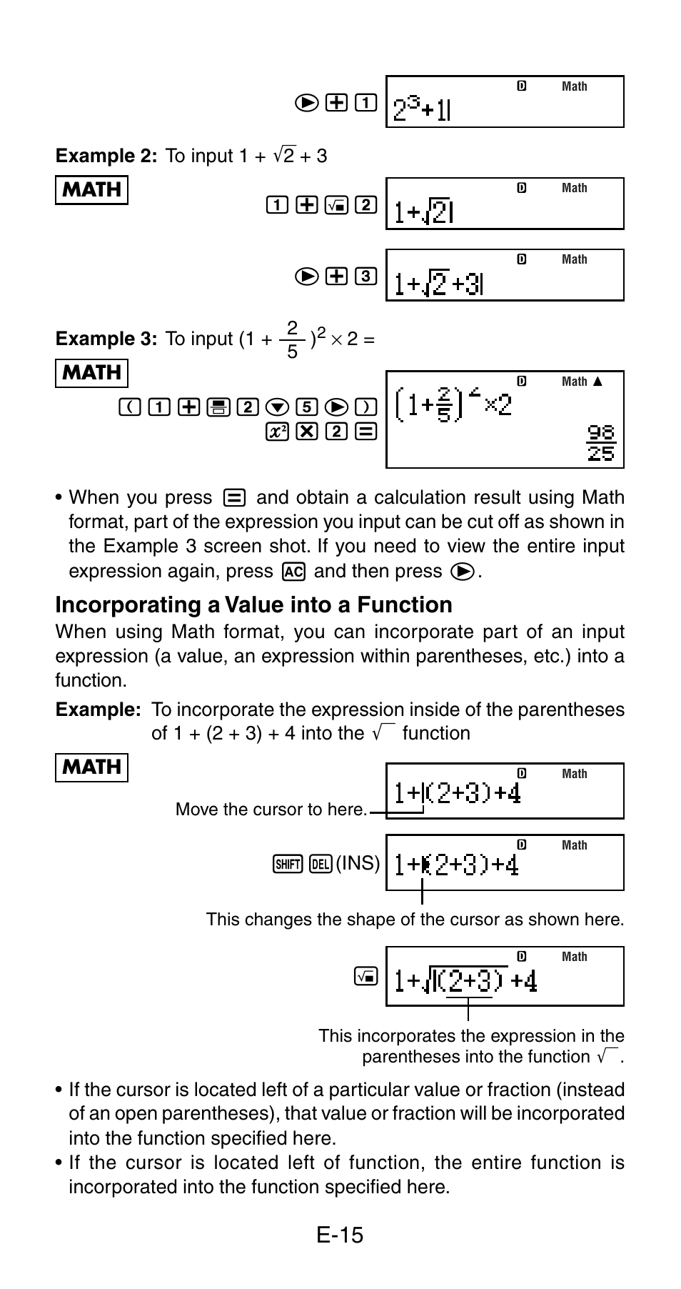 E-15, Incorporating a value into a function | Casio fx-115ES User Manual | Page 17 / 54