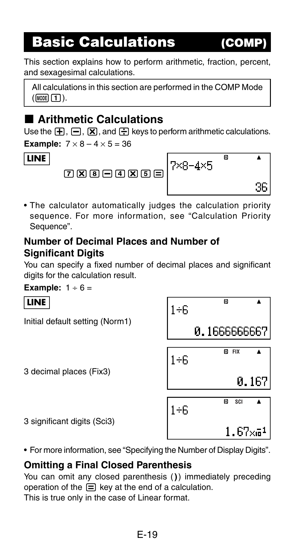 Basic calculations, Comp), K arithmetic calculations | Casio fx-115ES User Manual | Page 21 / 54