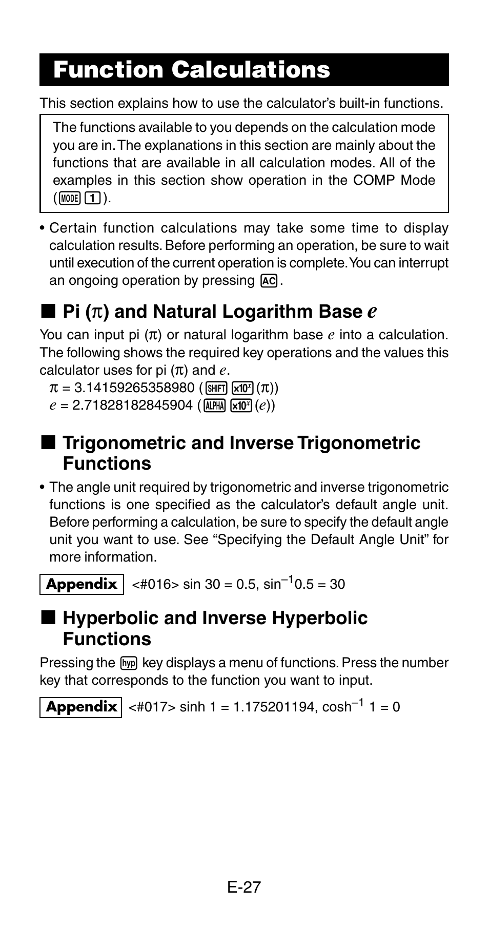 Function calculations, K pi, And natural logarithm base | K hyperbolic and inverse hyperbolic functions | Casio fx-115ES User Manual | Page 29 / 54