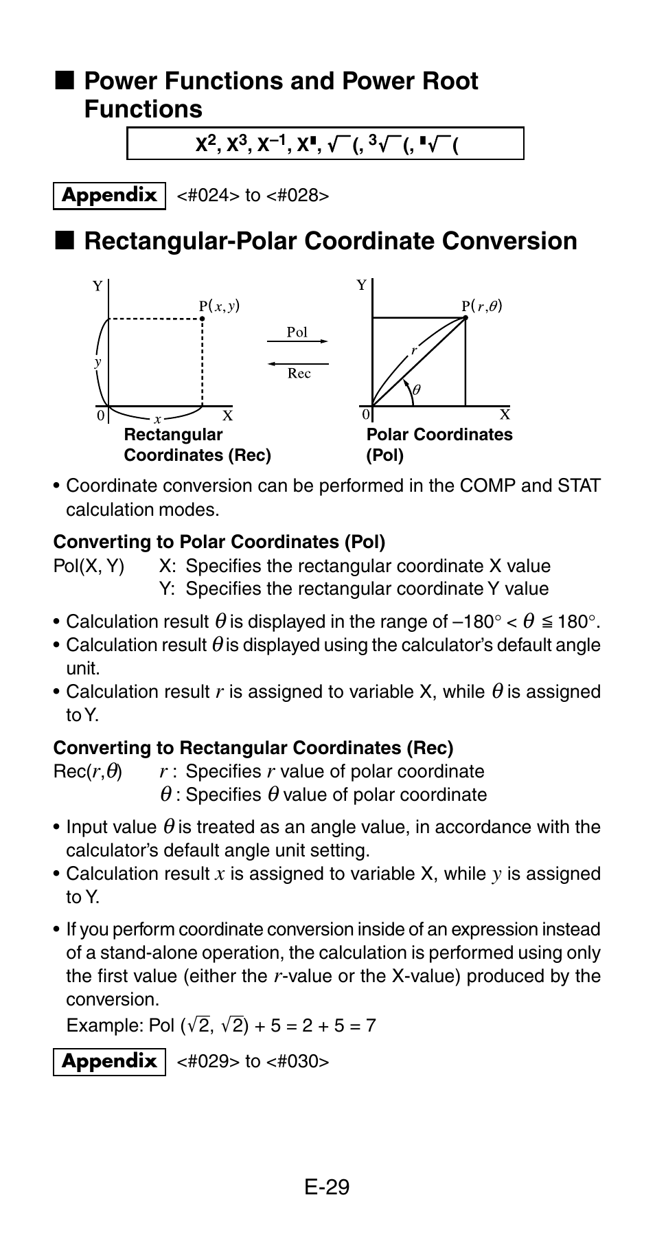 K power functions and power root functions, K rectangular-polar coordinate conversion | Casio fx-115ES User Manual | Page 31 / 54