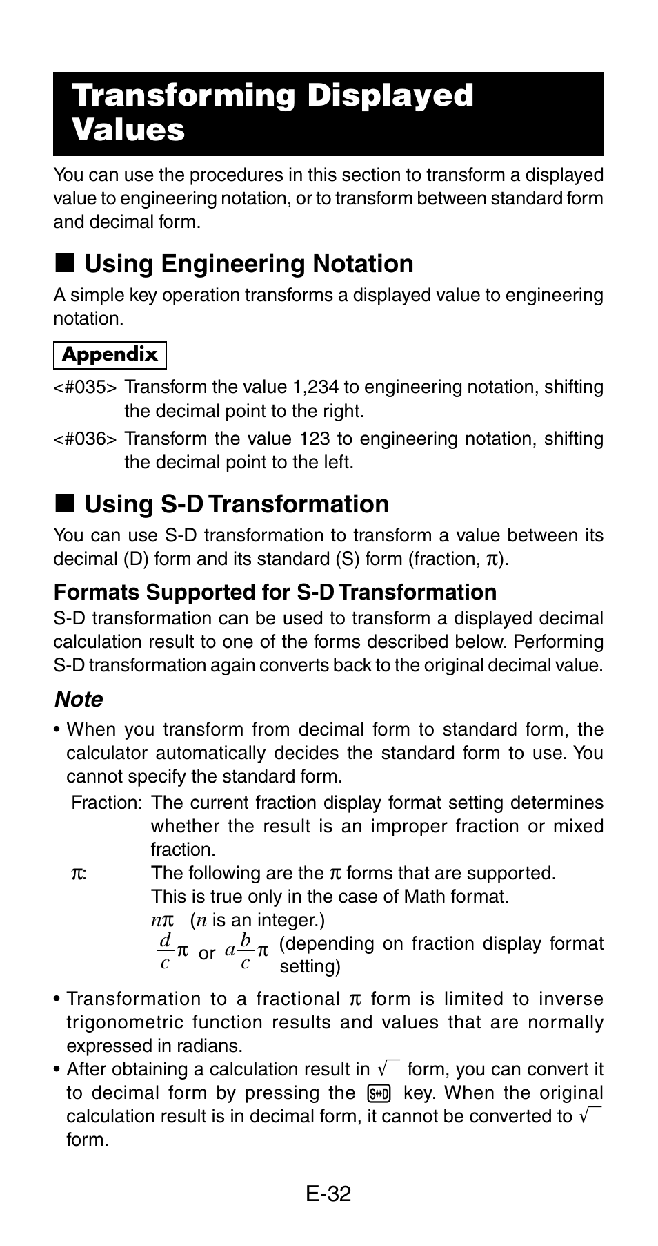 Transforming displayed values, K using engineering notation, K using s-d transformation | Casio fx-115ES User Manual | Page 34 / 54