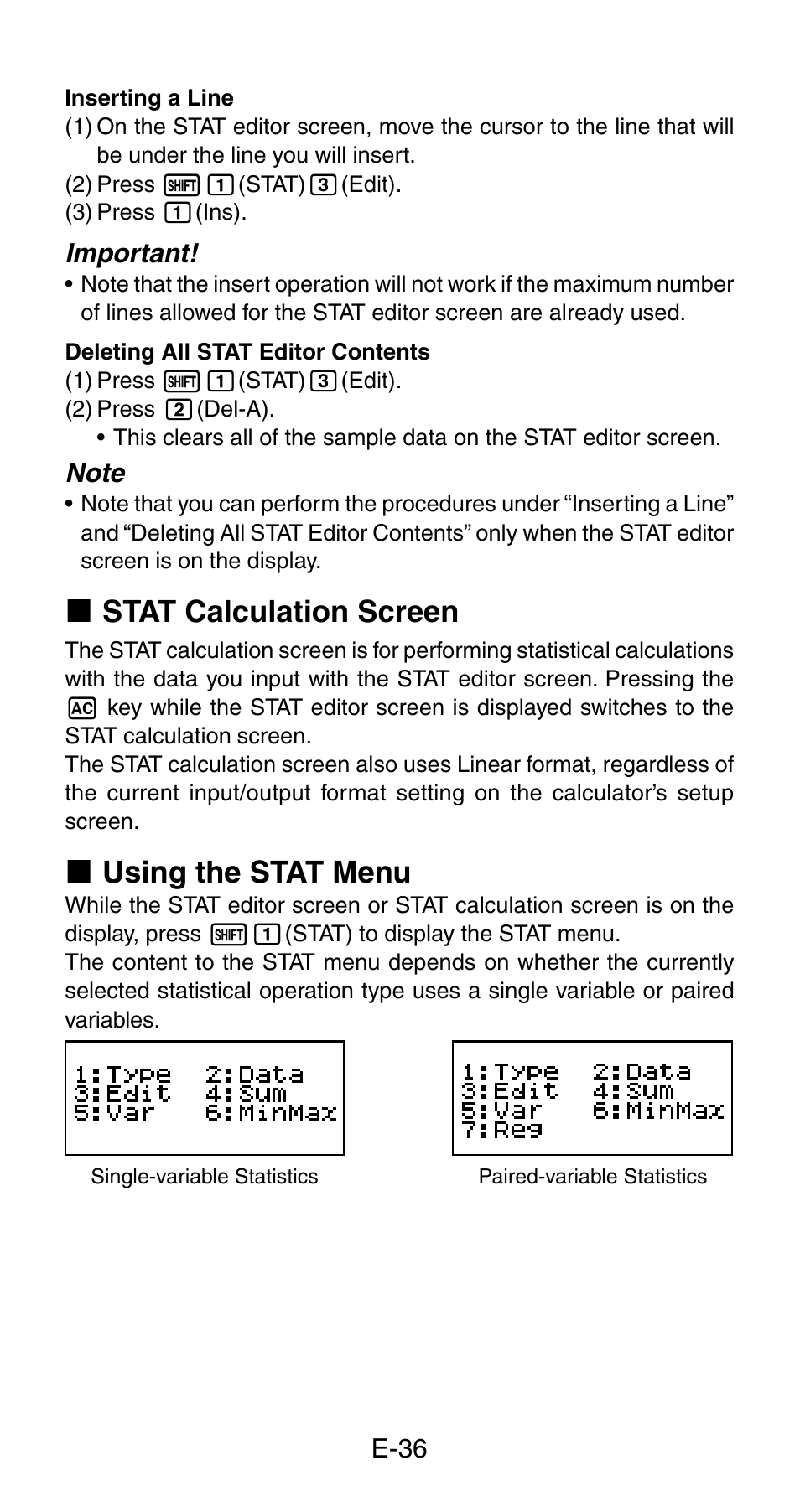 K stat calculation screen, K using the stat menu | Casio fx-115ES User Manual | Page 38 / 54