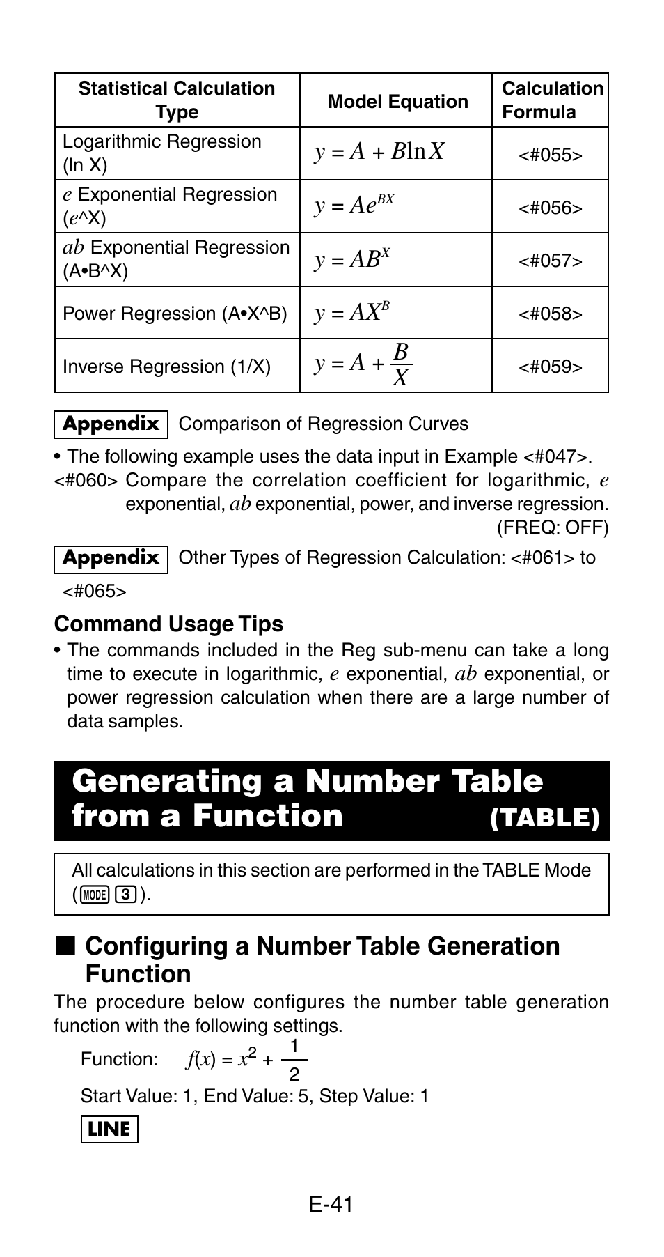 Generating a number table from a function, B ln x, Table) | K configuring a number table generation function | Casio fx-115ES User Manual | Page 43 / 54