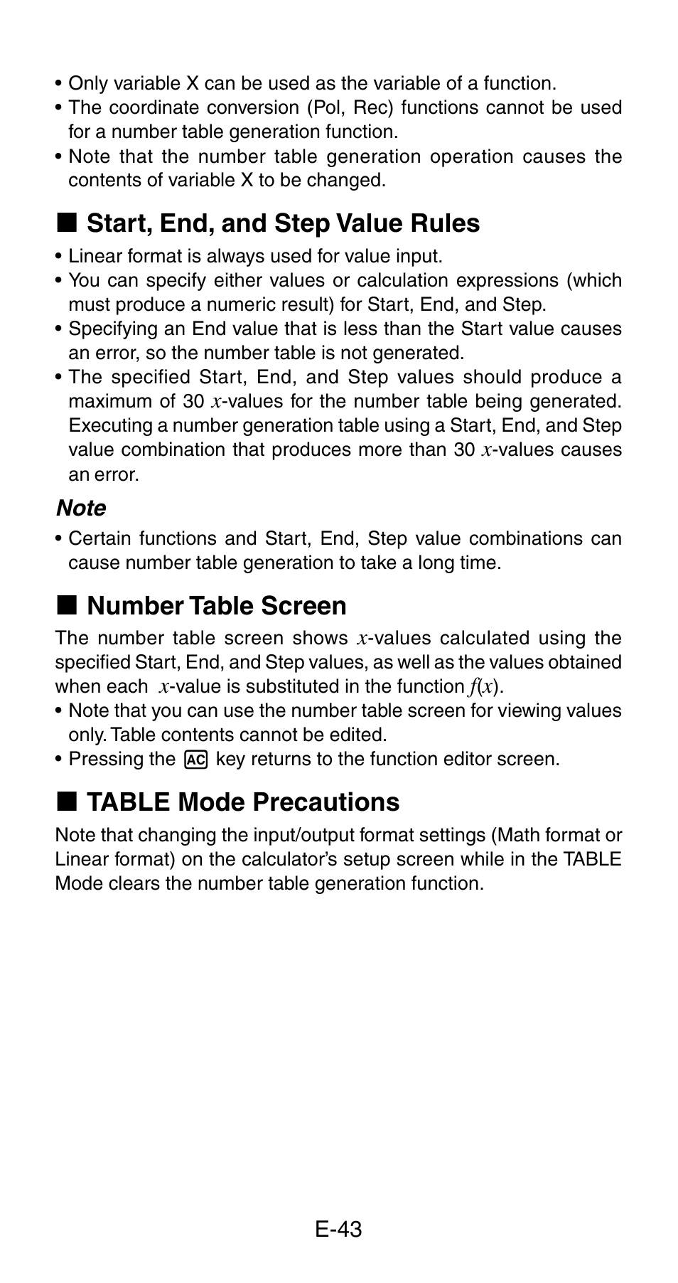 K start, end, and step value rules, K number table screen, K table mode precautions | Casio fx-115ES User Manual | Page 45 / 54