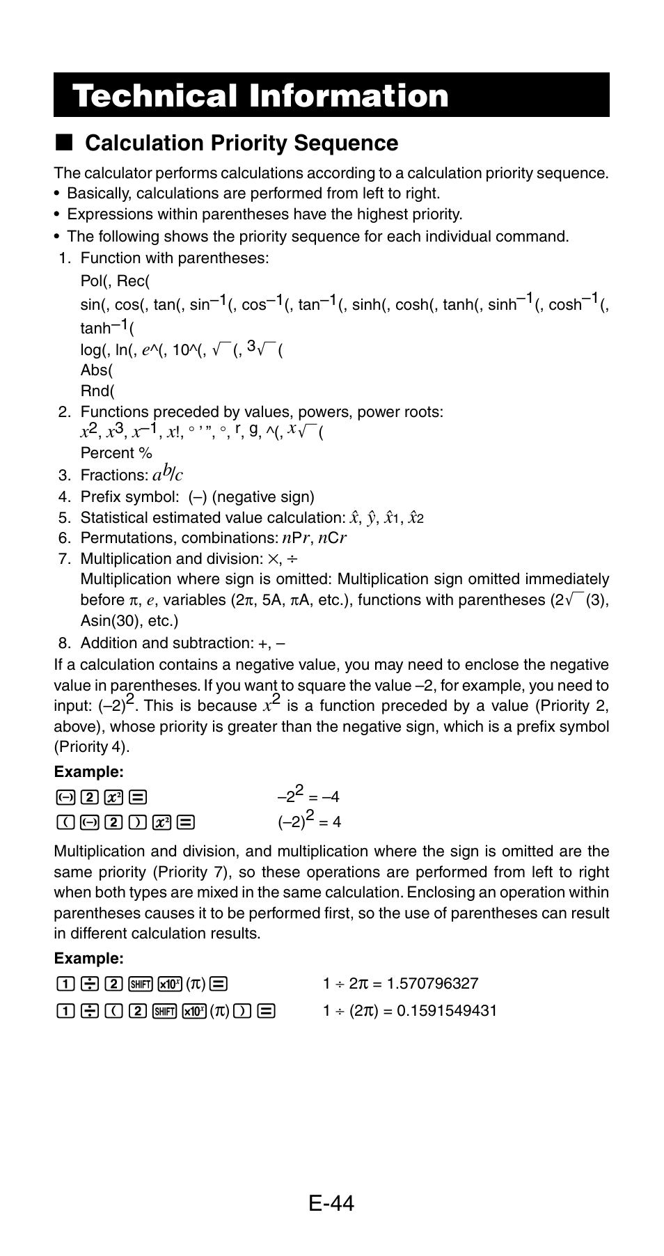 Technical information, E-44, K calculation priority sequence | Casio fx-115ES User Manual | Page 46 / 54