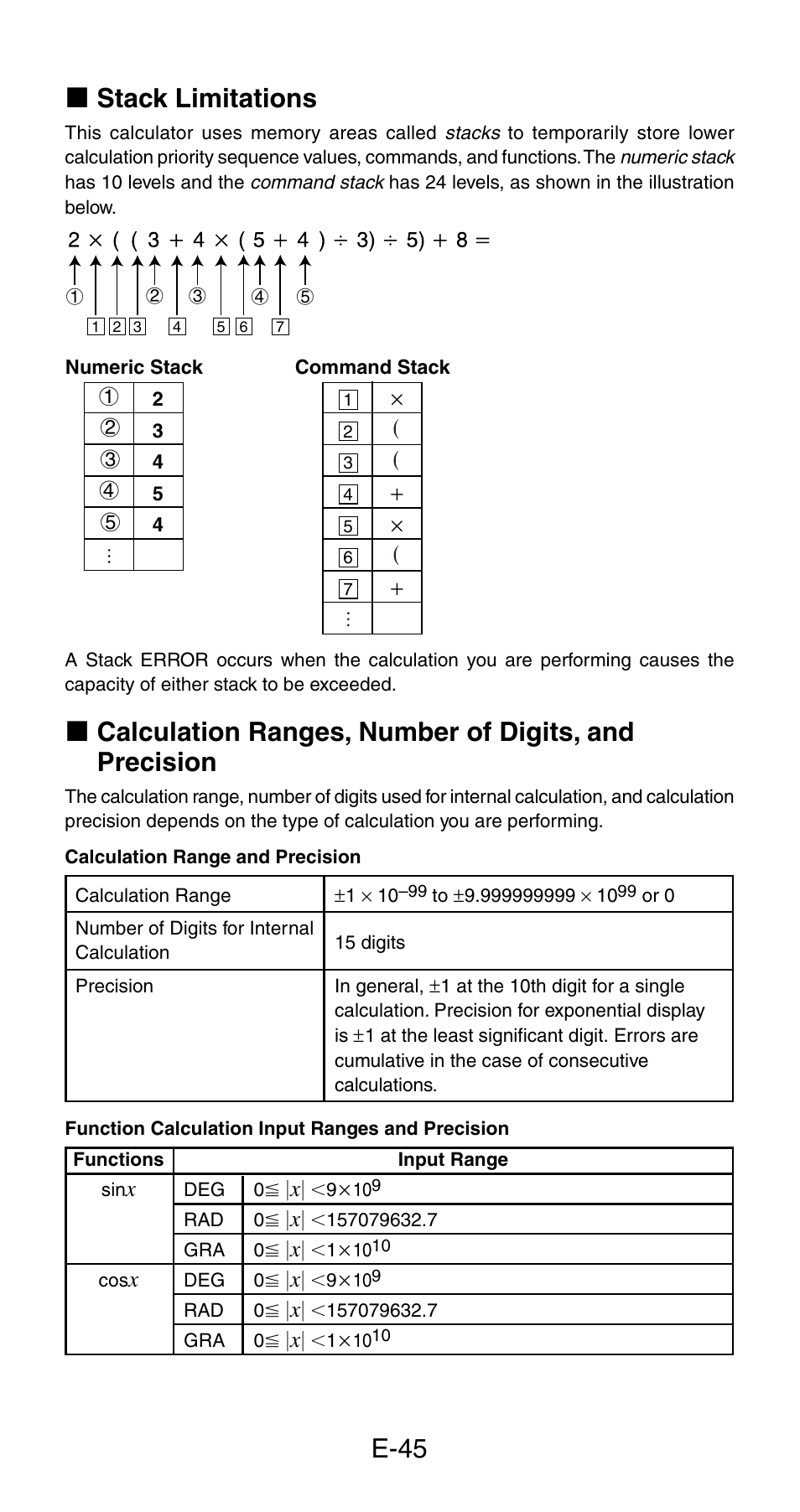 E-45 k stack limitations | Casio fx-115ES User Manual | Page 47 / 54