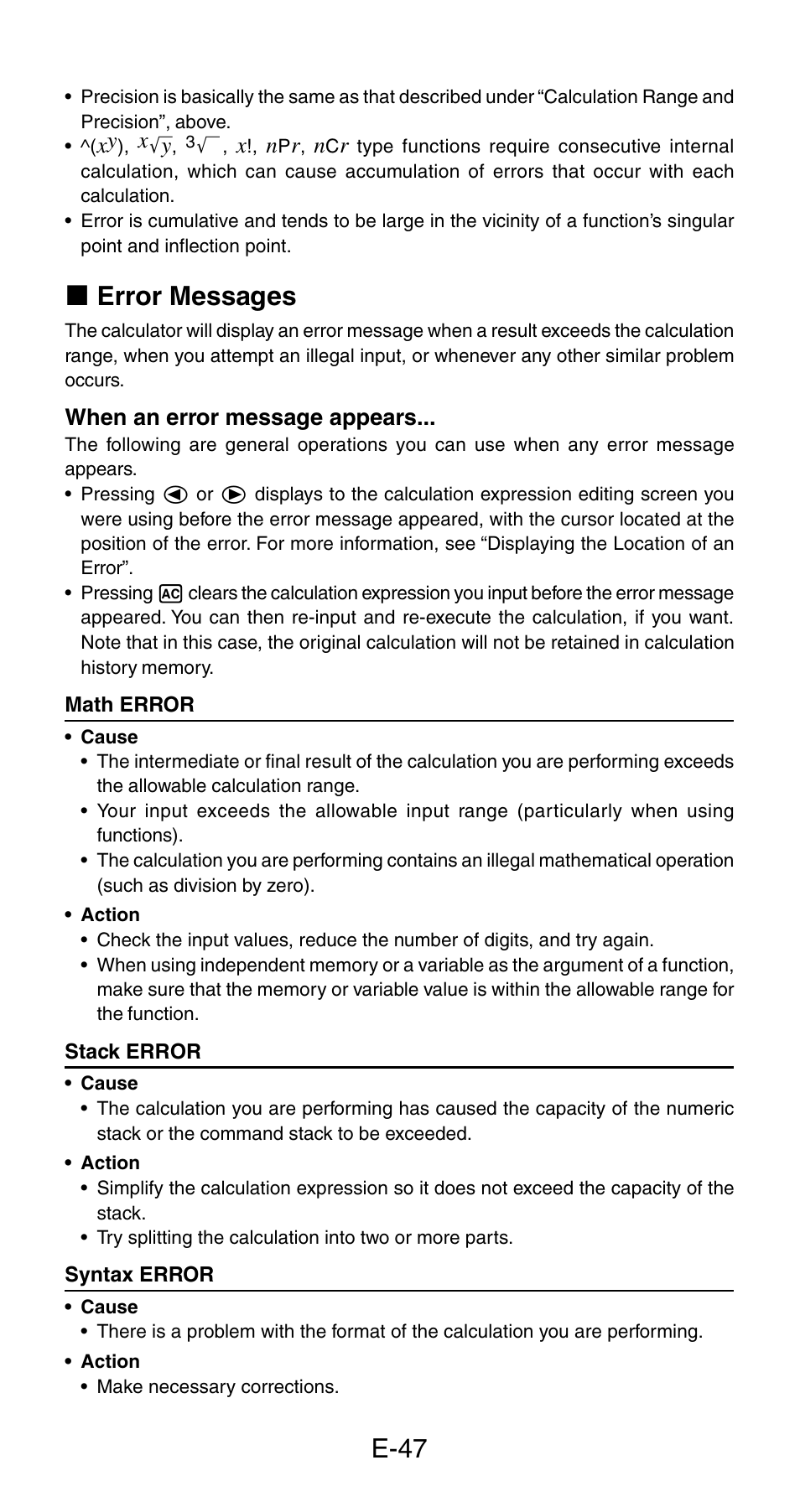 E-47, K error messages | Casio fx-115ES User Manual | Page 49 / 54