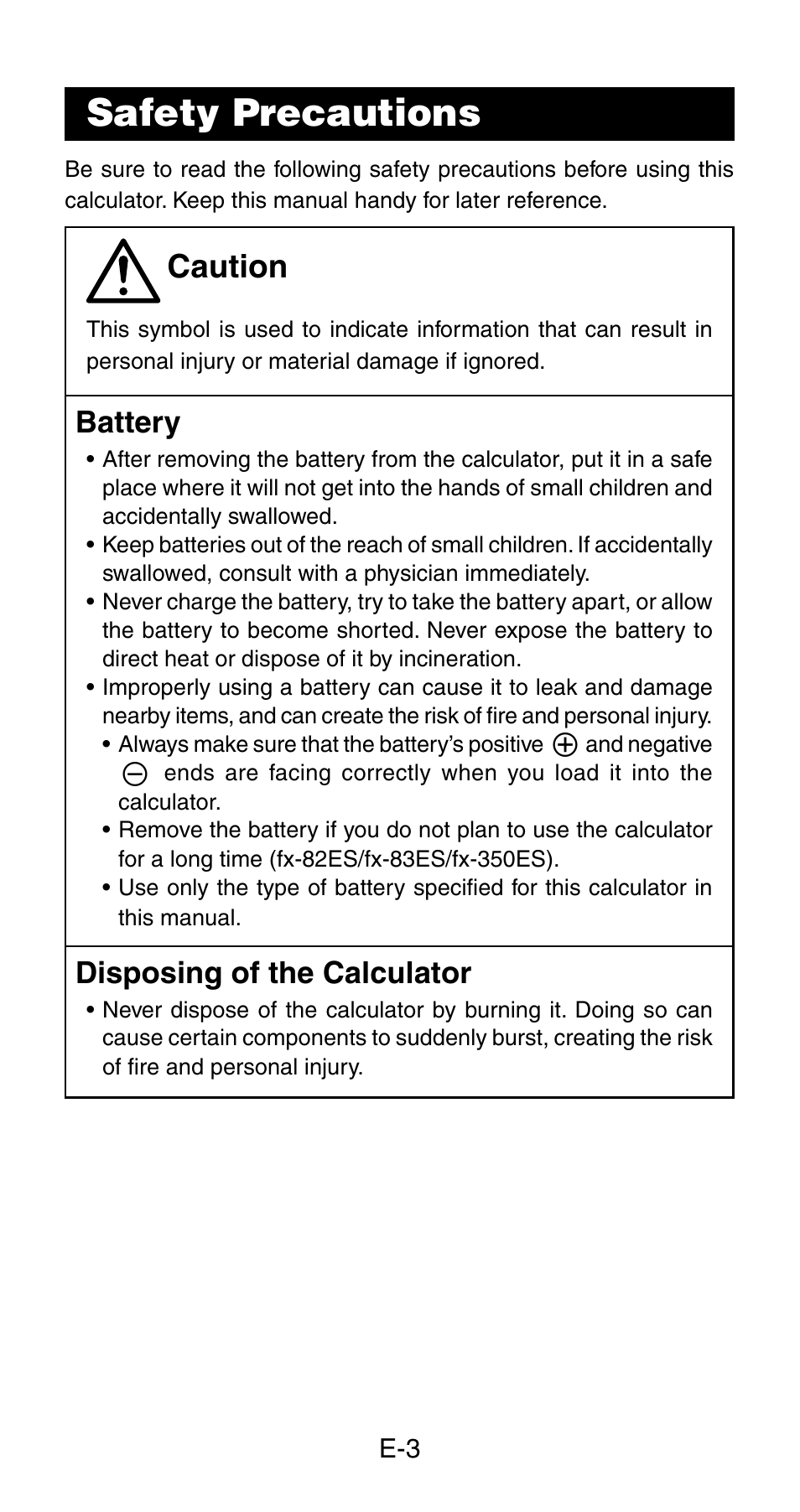 Safety precautions, Caution, Battery | Disposing of the calculator | Casio fx-115ES User Manual | Page 5 / 54