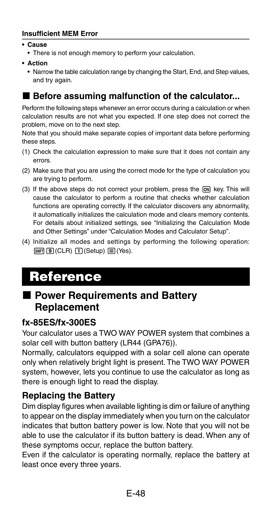 Reference, K power requirements and battery replacement | Casio fx-115ES User Manual | Page 50 / 54