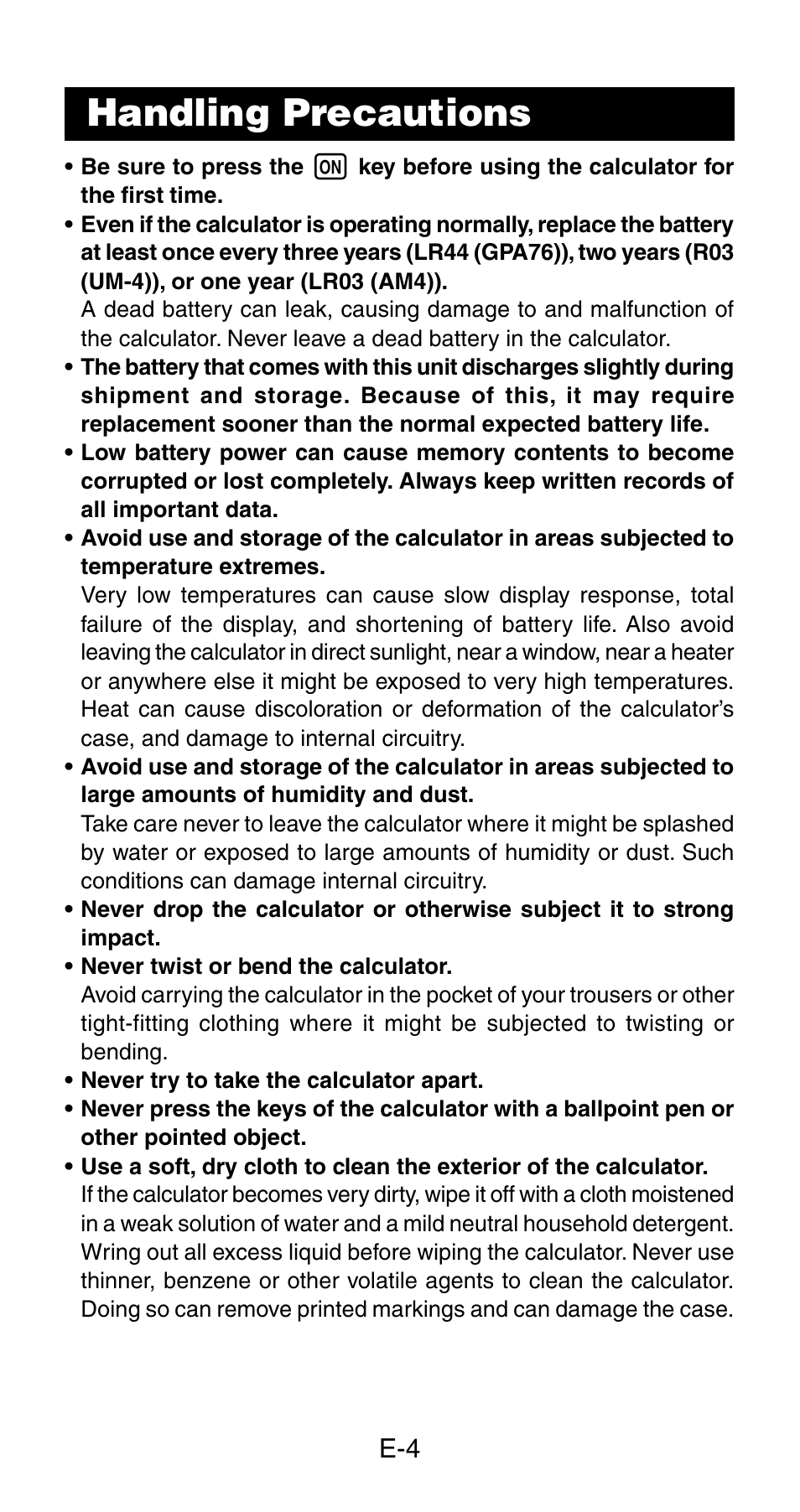 Handling precautions | Casio fx-115ES User Manual | Page 6 / 54