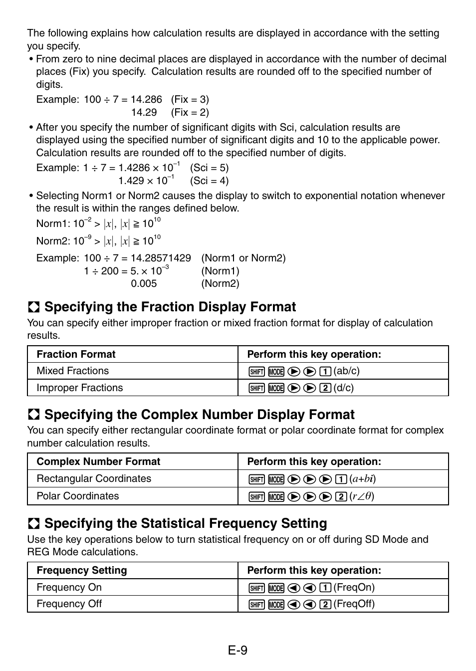 A specifying the fraction display format, A specifying the complex number display format, A specifying the statistical frequency setting | Casio fx-50F PLUS User Manual | Page 10 / 80