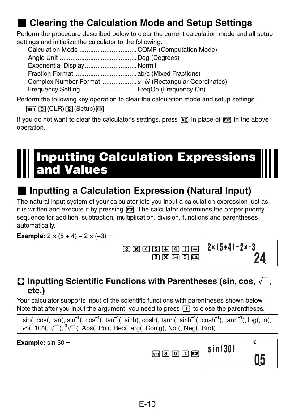 Inputting calculation expressions and values, 2ч - 3, S i n | Clearing the calculation mode and setup settings, Inputting a calculation expression (natural input) | Casio fx-50F PLUS User Manual | Page 11 / 80