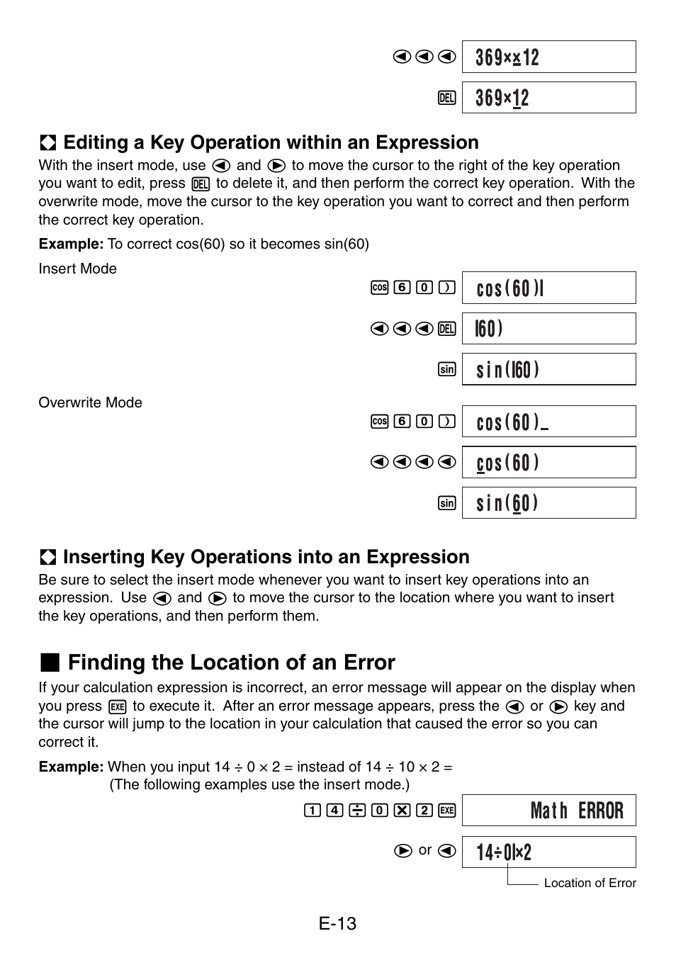 Icos, Ii60, S i n | Mat h error, Finding the location of an error | Casio fx-50F PLUS User Manual | Page 14 / 80