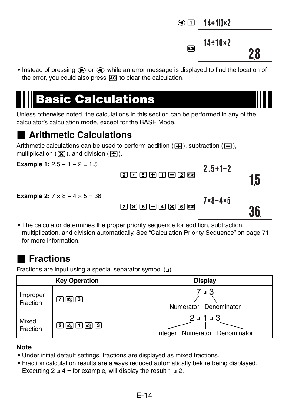 Basic calculations, 7ч8–4ч5 | Casio fx-50F PLUS User Manual | Page 15 / 80