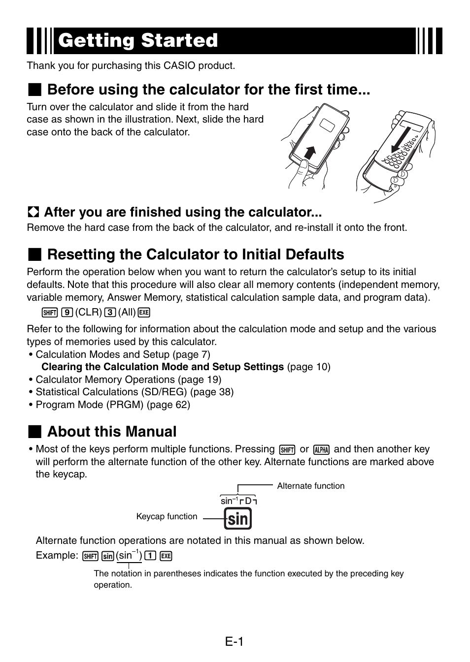 Getting started, Before using the calculator for the ﬁ rst time, Resetting the calculator to initial defaults | About this manual | Casio fx-50F PLUS User Manual | Page 2 / 80
