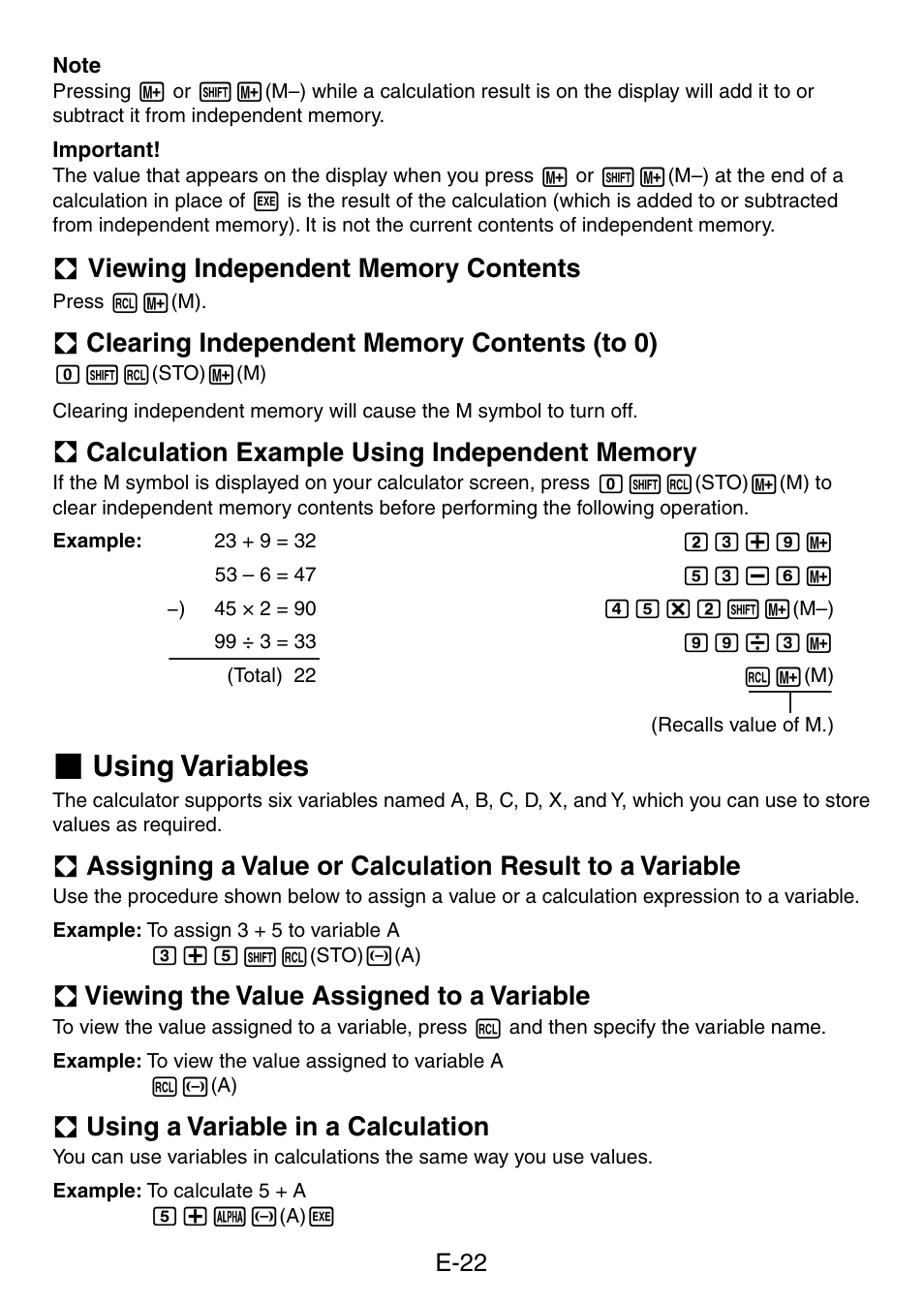 Using variables, A viewing the value assigned to a variable, A using a variable in a calculation | E-22 | Casio fx-50F PLUS User Manual | Page 23 / 80