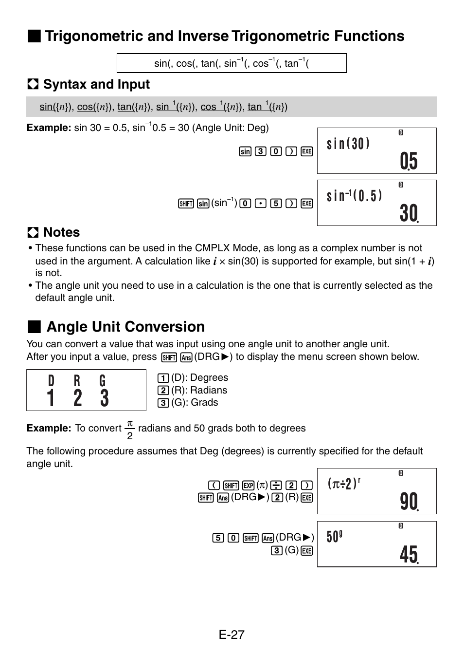 S i n, Dr g, Trigonometric and inverse trigonometric functions | Angle unit conversion | Casio fx-50F PLUS User Manual | Page 28 / 80