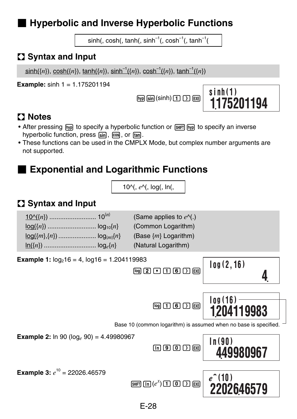 S i nh, Hyperbolic and inverse hyperbolic functions, Exponential and logarithmic functions | Casio fx-50F PLUS User Manual | Page 29 / 80