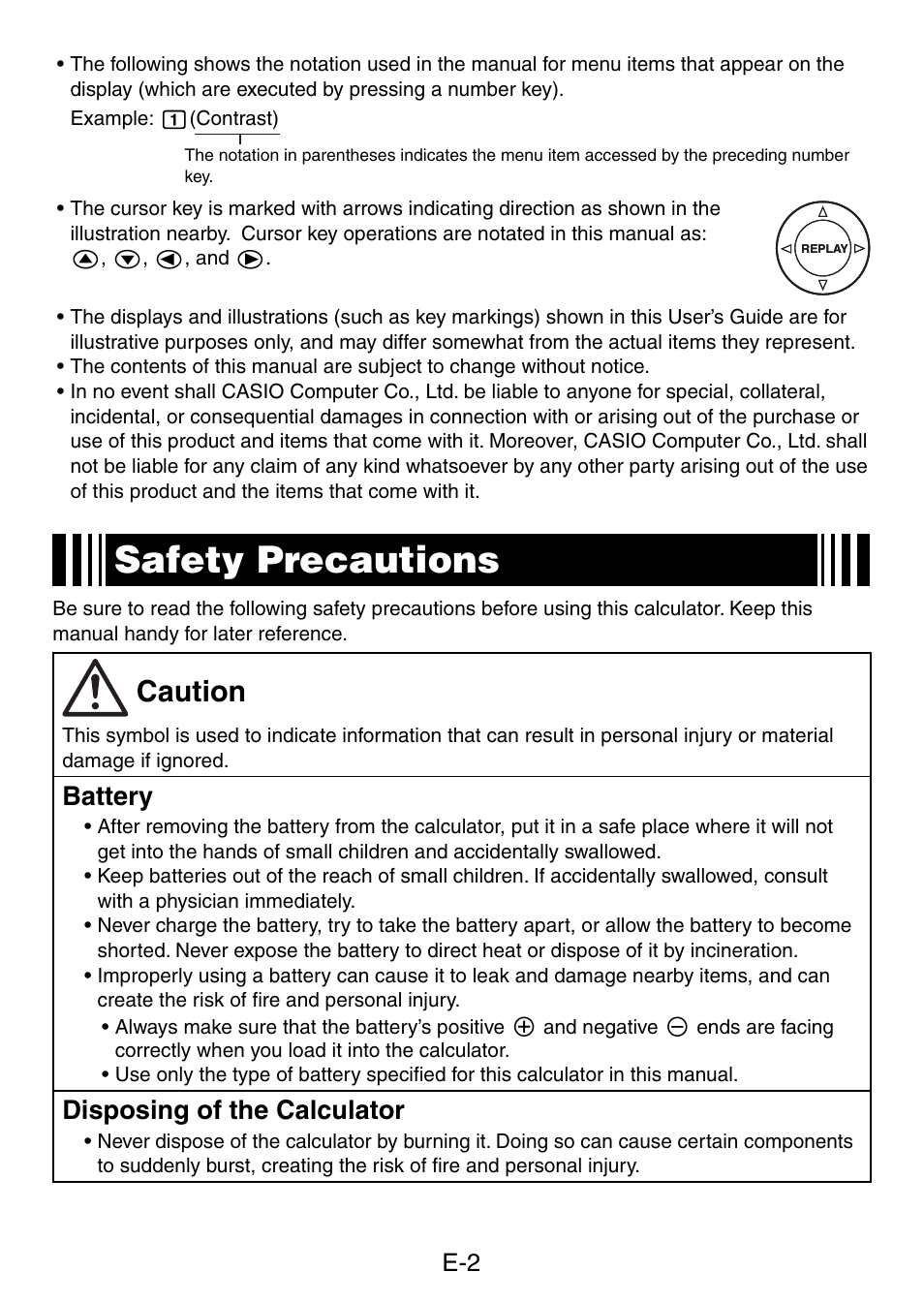 Safety precautions, Caution, Battery | Disposing of the calculator | Casio fx-50F PLUS User Manual | Page 3 / 80