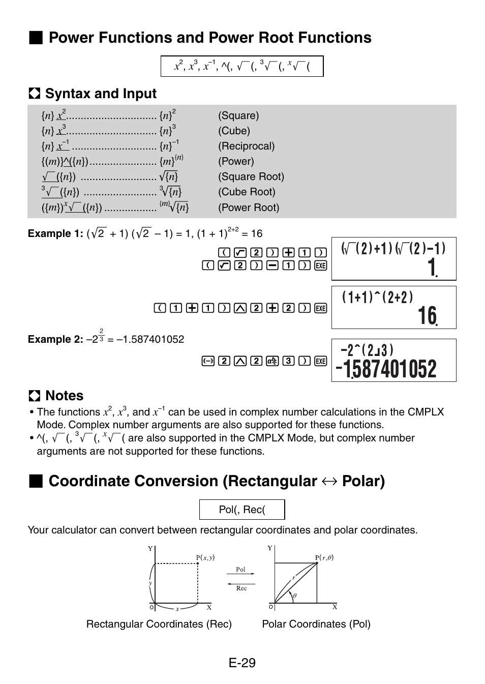 Power functions and power root functions, Coordinate conversion (rectangular ↔ polar), A syntax and input | Casio fx-50F PLUS User Manual | Page 30 / 80