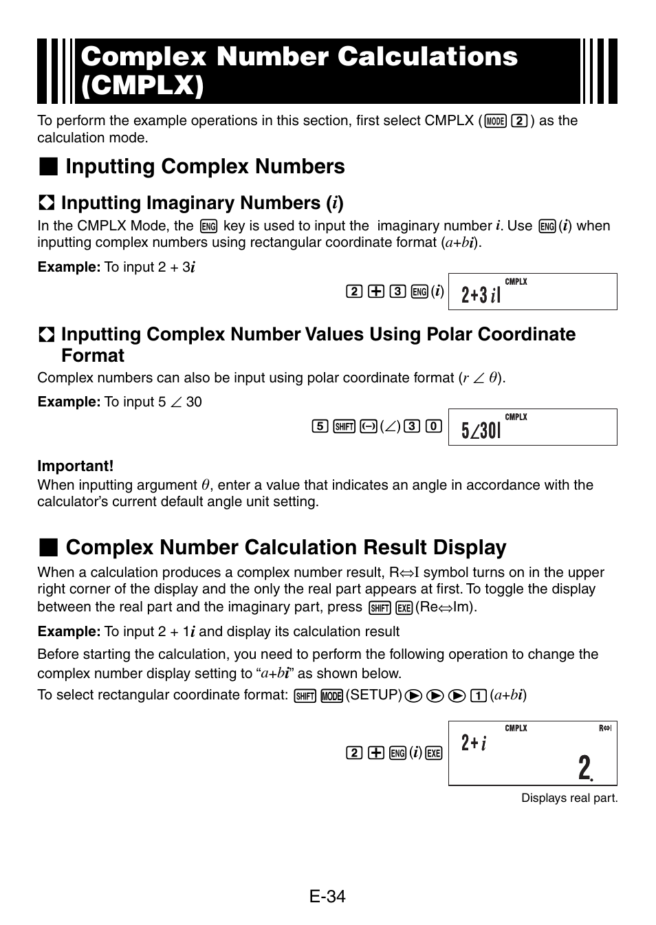 Complex number calculations (cmplx), 2+3 i i, 2+ i | Inputting complex numbers, Complex number calculation result display | Casio fx-50F PLUS User Manual | Page 35 / 80