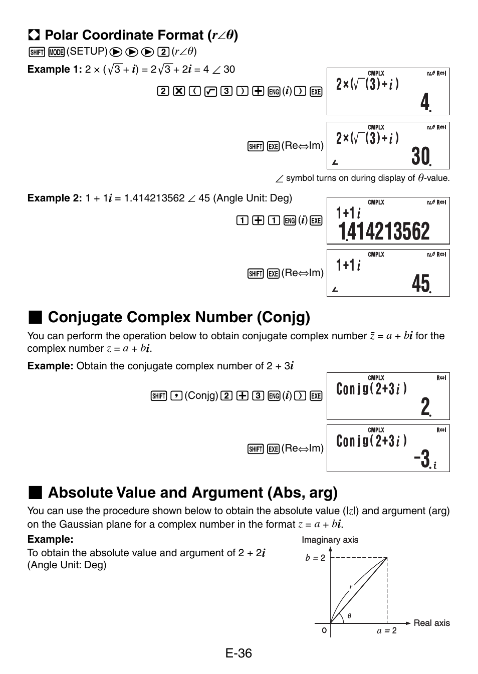 1+1 i, 2+3 i, Conjugate complex number (conjg) | Absolute value and argument (abs, arg) | Casio fx-50F PLUS User Manual | Page 37 / 80