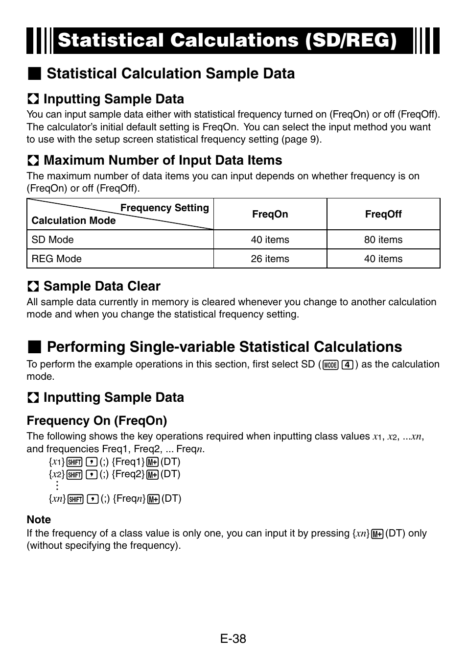 Statistical calculations (sd/reg), Statistical calculation sample data, A inputting sample data | A maximum number of input data items, A sample data clear | Casio fx-50F PLUS User Manual | Page 39 / 80