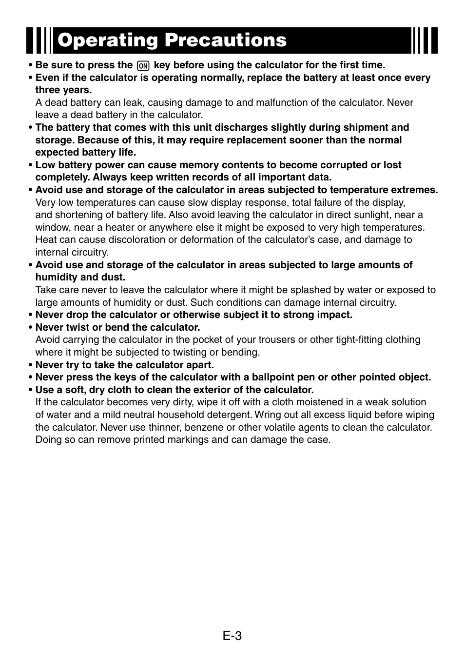 Operating precautions | Casio fx-50F PLUS User Manual | Page 4 / 80