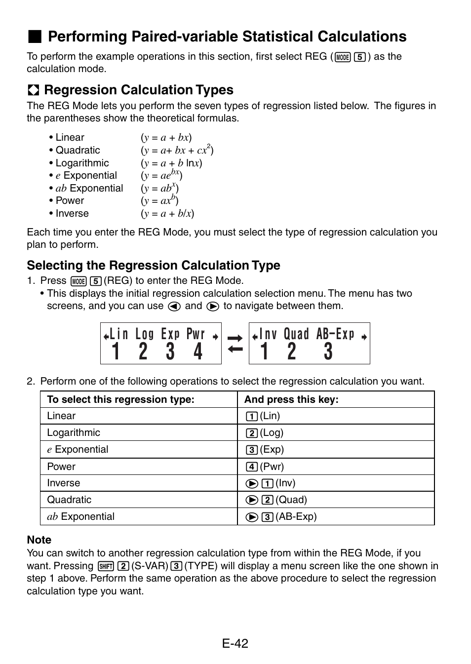 L i n lo, I n v quad ab–ex, A regression calculation types | Casio fx-50F PLUS User Manual | Page 43 / 80